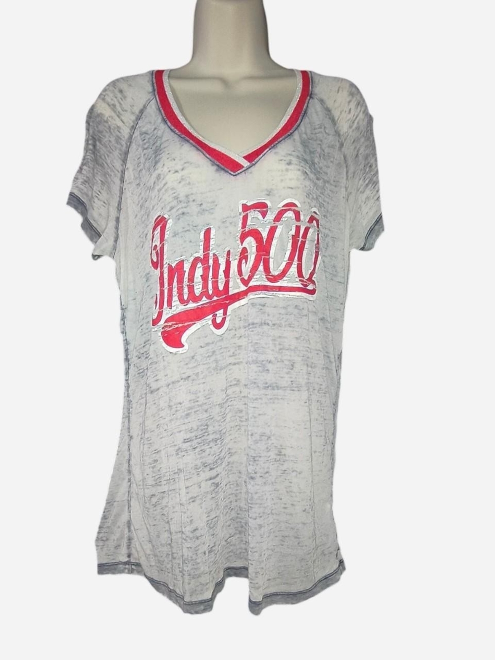 5th & Ocean White Burnout V‑Neck Tee with Red Indy 500 Graphic